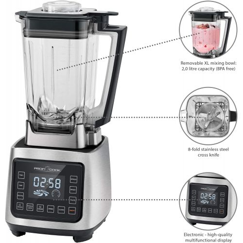  ProfiCook PC-UM 1127, Profi Mixer / Smoothie Maker, 9 Funktionen, Longlife-Profi-Motor, XL-Behalter aus Tritan (2 Liter BPA-frei), Multifunktionsdisplay, 8-fach Edelstahl-Kreuzmess