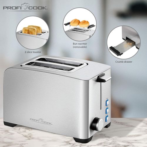  ProfiCook PC-TA 1082 Toaster, Edelstahlgehause, Broetchenaufsatz, stufenlos einstellbarer Braunungsgrad, Zentrierfunktion, Kruemelschublade