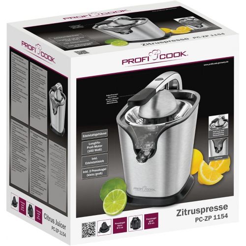  Profi Cook ProfiCook PC-ZP 1154 Zitruspresse im Edelstahlgehause, inkl. 2 Presskegel und Edelstahlsieb, Tropfstopp, Hebel-/Pressarm (Aluminium), Longlife-Profi-Motor (160 Watt), optimale Saft