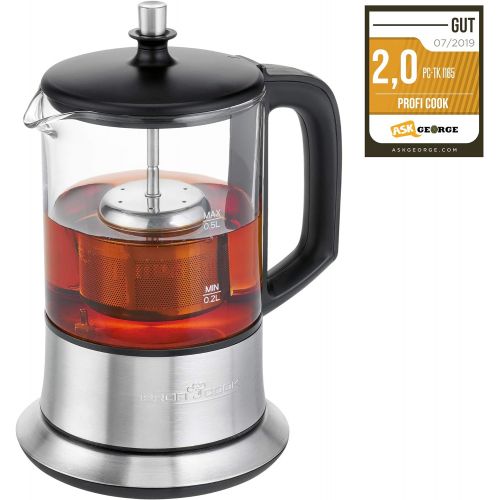  Profi Cook PC-TK 1165 1165-2 in 1-Tee-und Wasserkocher, Permanent Edelstahl-Teefilter (heb-und senkbar), 0,5 L Fuellmenge, Warmhaltefunktion, Glas-/Edelstahlgehause, Schwarz/Silber