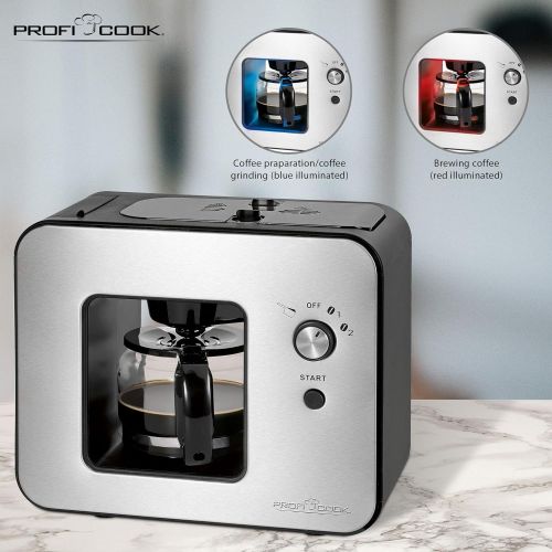  ProfiCook PC-KA 1152 Kaffeeautomat mit integriertem Kaffeeschlagwerk/Mahlwerk, 2in1 - Kaffeemahlen- und Bruehen in Einem, 2 Mahlgradeinstellungen (fein und grob), Edelstahlfront