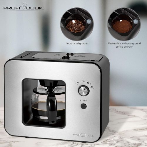  ProfiCook PC-KA 1152 Kaffeeautomat mit integriertem Kaffeeschlagwerk/Mahlwerk, 2in1 - Kaffeemahlen- und Bruehen in Einem, 2 Mahlgradeinstellungen (fein und grob), Edelstahlfront