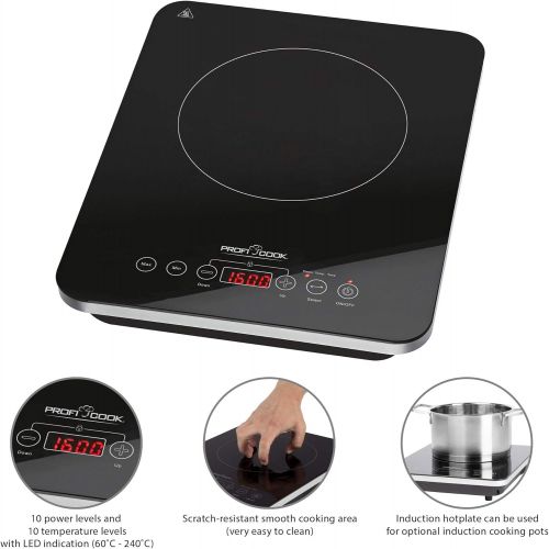  ProfiCook PC-EKI 1062 Induktions-Einzelkochplatte, automatische Topferkennung, elektronisches Sensor Touch-Bedienfeld mit Display, 180 Minuten-Timer, Kindersicherung