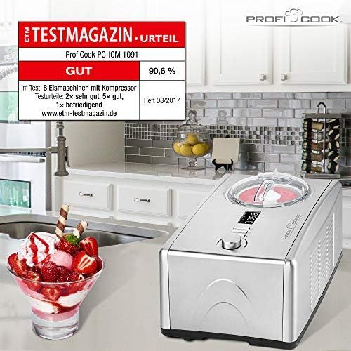  Profi Cook PC-ICM 1091 Eismaschine (3 in 1 fuer Speiseeis, Frozen Joghurt und Sorbet, Kompressor-Kuehlung, LCD-Display, fuer bis zu 1,5 l Speiseeis) edelstahl