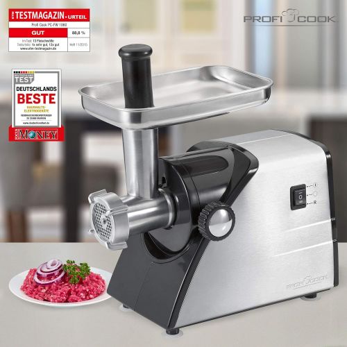  ProfiCook PC-FW 1060 Fleischwolf inkl. Platzchenaufsatz, Wurstfuelleraufsatz, Kebbeaufsatz, Vor-und Ruecklauffunktion, Edelstahlgehause, 1000 Watt