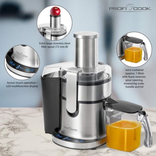  [아마존베스트]ProfiCook PC-AE 1156 Automatic Juicer, 800 Watt Motor, 1 Litre Juice Container, 1.8 Litre Pomace Container, 18,000 RPM, Sensor Touch Control, LED Multifunction Display, Stainless S