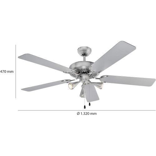  [아마존베스트]ProfiCare 5-Blade Ceiling Fan Suitable for Rooms up to 40 m², 4 Power Levels, Reverse Function, Stainless Steel / Metal, PC-DVL 3078