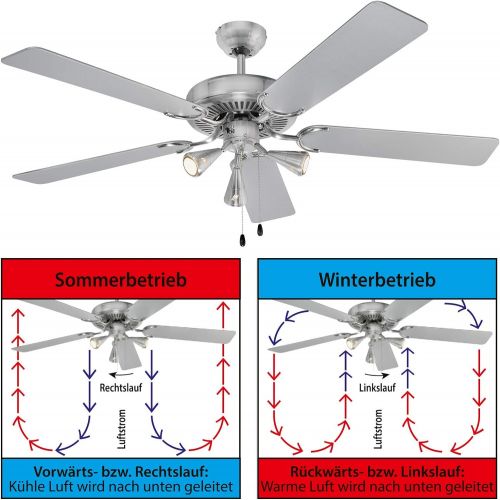  [아마존베스트]ProfiCare 5-Blade Ceiling Fan Suitable for Rooms up to 40 m², 4 Power Levels, Reverse Function, Stainless Steel / Metal, PC-DVL 3078