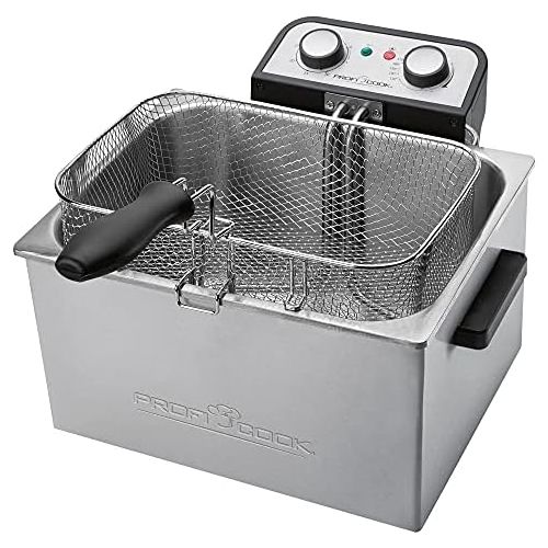  ProfiCook PC-FR 1038 Doppelfritteuse mit 2 kleinen und einem grossen Frittierkorb, 5 Liter Kapazitat, permanent Geruchs-und Fettdunstfilter, Edelstahlgehause, 3000 Watt