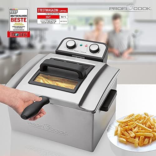  ProfiCook PC-FR 1038 Doppelfritteuse mit 2 kleinen und einem grossen Frittierkorb, 5 Liter Kapazitat, permanent Geruchs-und Fettdunstfilter, Edelstahlgehause, 3000 Watt