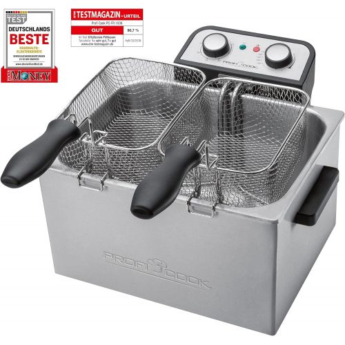  ProfiCook PC-FR 1038 Doppelfritteuse mit 2 kleinen und einem grossen Frittierkorb, 5 Liter Kapazitat, permanent Geruchs-und Fettdunstfilter, Edelstahlgehause, 3000 Watt