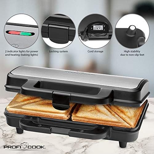  [아마존베스트]Profi Cook PC-ST 1092 Sandwich Toaster, Extra Large Sandwich Plates for American XXL Toast Slices, Stainless Steel Inlay, Non-Stick Coating, 2 Control Lights