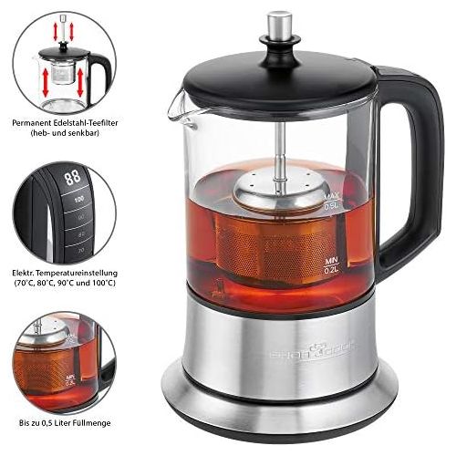  [아마존베스트]Profi Cook PC-TK 1165 1165-2 in 1 Tea and Kettle, Permanent Stainless Steel Tea Filter (Lift and Lower), 0.5 L Capacity, Warming Function, Glass/Stainless Steel Casing, Black/Silve