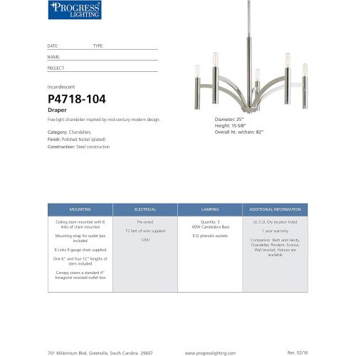  Progress Lighting P4718-104 5-60W Cand Chandelier, 25 x 25 x 15.62, Polished Nickel