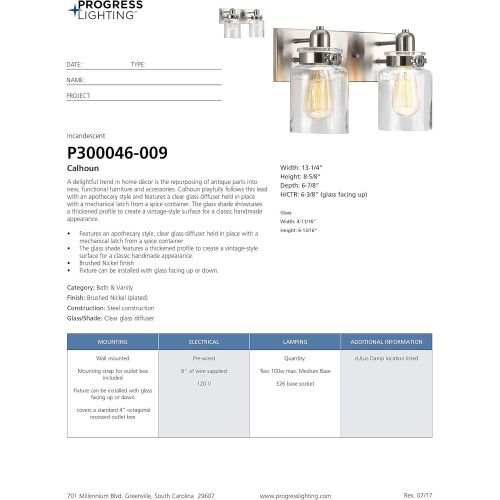  Progress Lighting P300046-009 Calhoun Brushed Nickel Two-Light Bath & Vanity