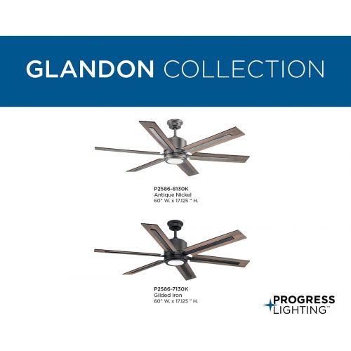  Progress Lighting P2586-8130K Protruding Mount, 6 Walnut/Driftwood Blades Ceiling fan with 17 watts light, Antique Nickel