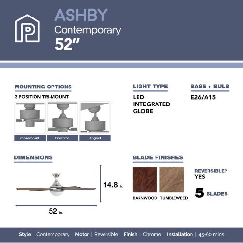  [아마존베스트]Prominence Home 80095-01 Ashby Ceiling Fan with Remote Control and Dimmable Integrated LED Light Frosted Fixture 52 Contemporary Indoor, 5 Blades Newport Brown/Tumbleweed, Sleek Ch