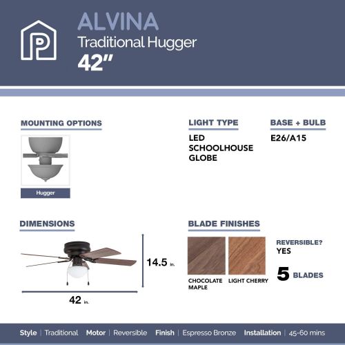  Prominence Home 50860 Alvina LED Globe Light Hugger/Low Profile Ceiling Fan, 42 inches, Bronze