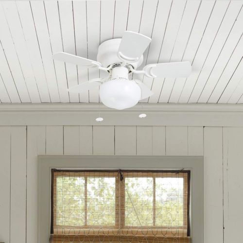  Prominence Home 41530-01 Hero 28 Hugger Small Ceiling Fan, LED Schoolhouse Globe, Glossy White