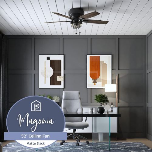  Prominence Home 52 Magonia Traditional Farmhouse Flush Mount Ceiling Fan, LED 3-Light, Indoor, Low Profile, Matte Black Finish