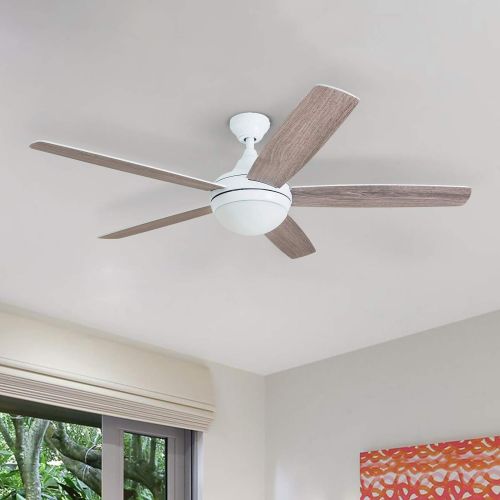  Prominence Home 80094-01 Ashby Ceiling Fan with Remote Control and Dimmable Integrated LED Light Frosted Fixture, 52 Contemporary Indoor, 5 Blades White/Grey Oak, Farmhouse White