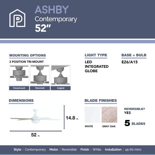  Prominence Home 80094-01 Ashby Ceiling Fan with Remote Control and Dimmable Integrated LED Light Frosted Fixture, 52 Contemporary Indoor, 5 Blades White/Grey Oak, Farmhouse White