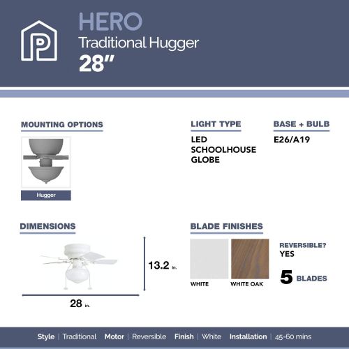  Prominence Home 41530 Hero Hugger Ceiling Fan, 28, White