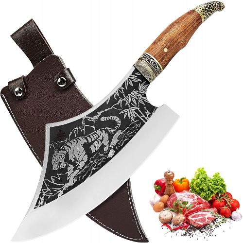  [아마존베스트]Promithi Pro Meat Cleaver knife, High Carbon German Steel Handmade Knives with Leather Sheath Covers, Ergonomic Handle, Professional Serbian Kitchen Knife, Butcher Chopper Boning V