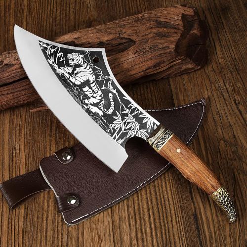  [아마존베스트]Promithi Pro Meat Cleaver knife, High Carbon German Steel Handmade Knives with Leather Sheath Covers, Ergonomic Handle, Professional Serbian Kitchen Knife, Butcher Chopper Boning V