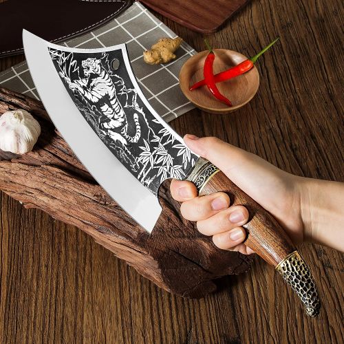  [아마존베스트]Promithi Pro Meat Cleaver knife, High Carbon German Steel Handmade Knives with Leather Sheath Covers, Ergonomic Handle, Professional Serbian Kitchen Knife, Butcher Chopper Boning V