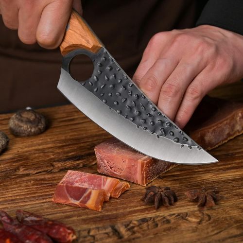  [아마존베스트]Promithi Kitchen Knife for All Purposes, Professional Hand-Forged Non-Stick Boning Knife, Utility Knife, Chopping Knife, Japanese Chefs Knife, Damask Style, Kitchen Knife, Wooden H