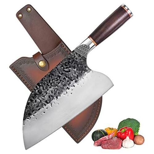  [아마존베스트]Promithi Japanese Knife - Damascus Carbon Steel Handmade Kitchen Knife / Chopper - Sharp Knife with Sheath - Used for Chopping Bone & Meat - Boning Knife with Wooden Handle