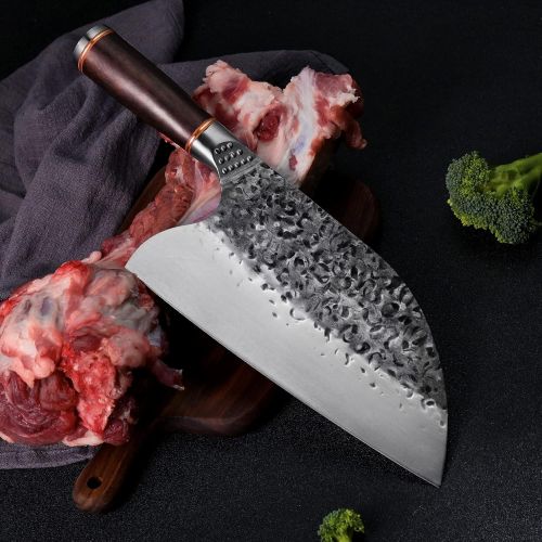  [아마존베스트]Promithi Japanese Knife - Damascus Carbon Steel Handmade Kitchen Knife / Chopper - Sharp Knife with Sheath - Used for Chopping Bone & Meat - Boning Knife with Wooden Handle