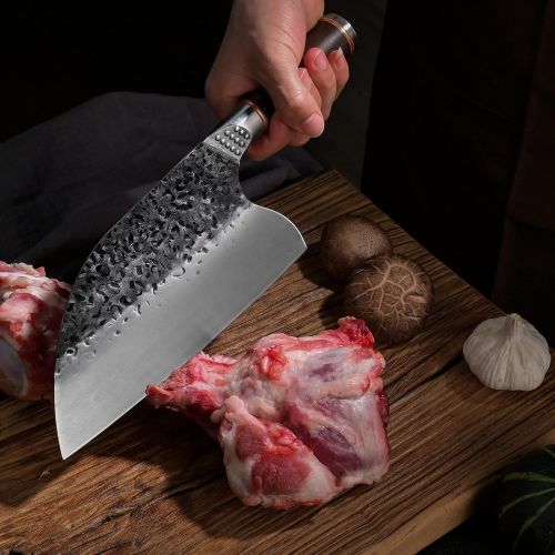  [아마존베스트]Promithi Japanese Knife - Damascus Carbon Steel Handmade Kitchen Knife / Chopper - Sharp Knife with Sheath - Used for Chopping Bone & Meat - Boning Knife with Wooden Handle