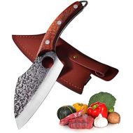 [아마존베스트]Promithi Kitchen Knife for All Purposes, Professional Hand Forged Utility Knife, Non-Stick Boning Knife, Japanese Chefs Knife, Chopping Knife, Damask Style, Wooden Handle with Leather Sheat