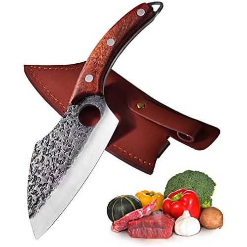  [아마존베스트]Promithi Kitchen Knife for All Purposes, Professional Hand Forged Utility Knife, Non-Stick Boning Knife, Japanese Chefs Knife, Chopping Knife, Damask Style, Wooden Handle with Leather Sheat