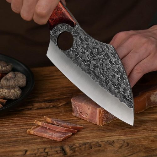  [아마존베스트]Promithi Kitchen Knife for All Purposes, Professional Hand Forged Utility Knife, Non-Stick Boning Knife, Japanese Chefs Knife, Chopping Knife, Damask Style, Wooden Handle with Leather Sheat