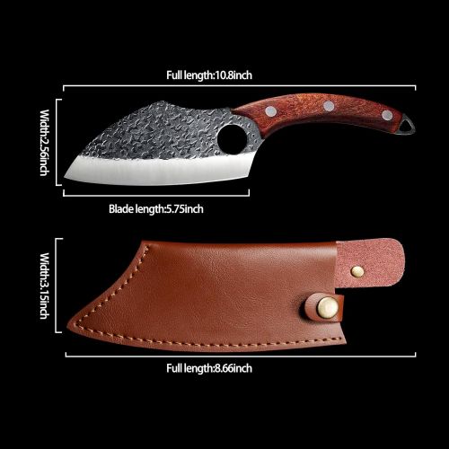  [아마존베스트]Promithi Kitchen Knife for All Purposes, Professional Hand Forged Utility Knife, Non-Stick Boning Knife, Japanese Chefs Knife, Chopping Knife, Damask Style, Wooden Handle with Leather Sheat