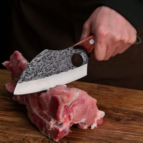  [아마존베스트]Promithi Kitchen Knife for All Purposes, Professional Hand Forged Utility Knife, Non-Stick Boning Knife, Japanese Chefs Knife, Chopping Knife, Damask Style, Wooden Handle with Leather Sheat