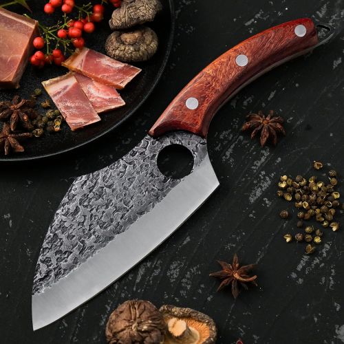  [아마존베스트]Promithi Kitchen Knife for All Purposes, Professional Hand Forged Utility Knife, Non-Stick Boning Knife, Japanese Chefs Knife, Chopping Knife, Damask Style, Wooden Handle with Leather Sheat
