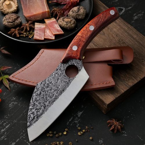  [아마존베스트]Promithi Kitchen Knife for All Purposes, Professional Hand Forged Utility Knife, Non-Stick Boning Knife, Japanese Chefs Knife, Chopping Knife, Damask Style, Wooden Handle with Leather Sheat