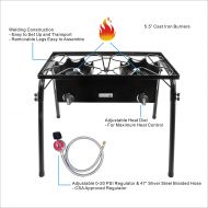 ARC USA Outdoor Double Burner Stove with a Steel Braided Hose, High Pressure Propane Burner, Portable Gas Cooker, Camping 2 Burner Cooking Stove