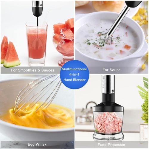  Proscenic 4 in 1 Stabmixer-Set, 800W starker Motor, Smart Speed, inkl. 500ml Behaelter, 600ml Messbecher, Edelstahl-Schneebesen und Puerierstab, Multifunktion fuer Smoothies und Babyn