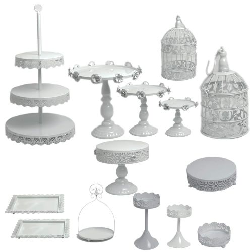  Proshopping 14 Set Antique Metal Cake Stand, Classical Round Cupcake Holder, Cake Plate Tray, Cookie Pedestal Display Tower, for Wedding Birthday Party, with Crystals Pendants and