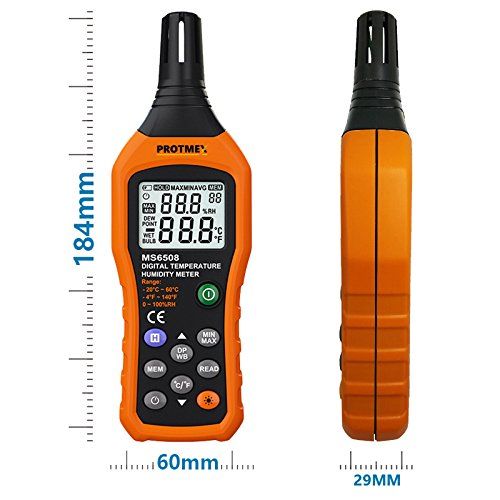  Protmex MS6508 Digital Temperature Humidity Meter Digital Psychrometer Thermometer Hygrometer Humidity Monitor with Temperature Gauge Humidity Meter with Dew Point and Wet Bulb Tem