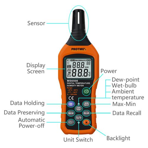  Protmex MS6508 Digital Temperature Humidity Meter Digital Psychrometer Thermometer Hygrometer Humidity Monitor with Temperature Gauge Humidity Meter with Dew Point and Wet Bulb Tem