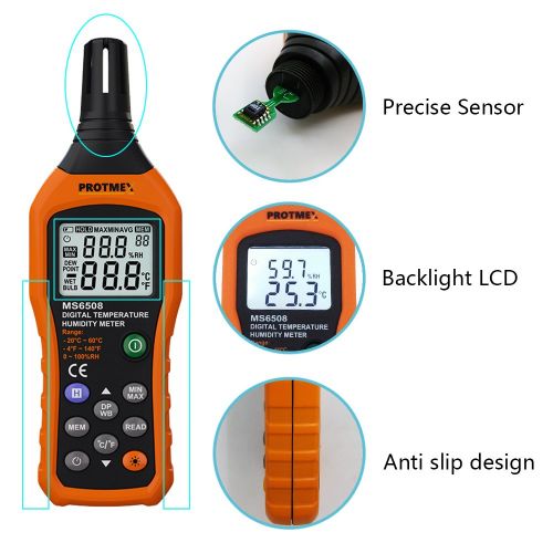  Protmex MS6508 Digital Temperature Humidity Meter Digital Psychrometer Thermometer Hygrometer Humidity Monitor with Temperature Gauge Humidity Meter with Dew Point and Wet Bulb Tem