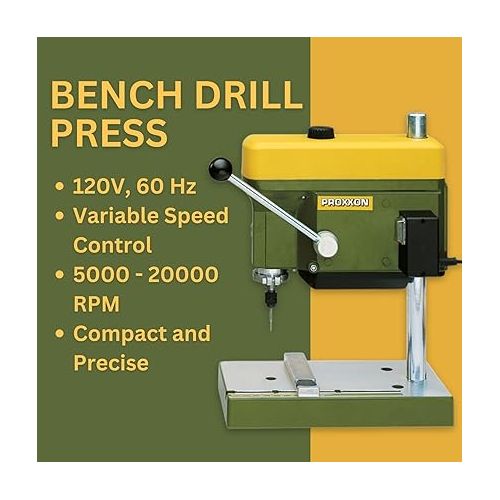  PROXXON Precision Bench Drill Press - Micro Hole Capability, Adjustable Depth & Table, 3-Speed Selection - TBM 115