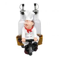 Prurient Chef Chef Resin Holder on Bicycle - Oil & Vinegar Bottle - Condiment Set for Dinnner Table - Dining Decor (Cane Basket)