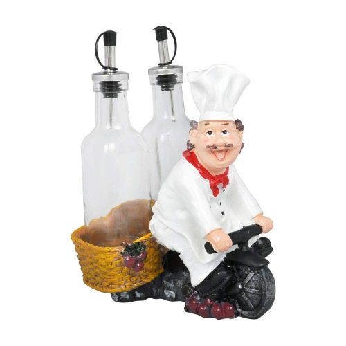  Prurient Chef Chef Resin Holder on Bicycle - Oil & Vinegar Bottle - Condiment Set for Dinnner Table - Dining Decor (Cane Basket)